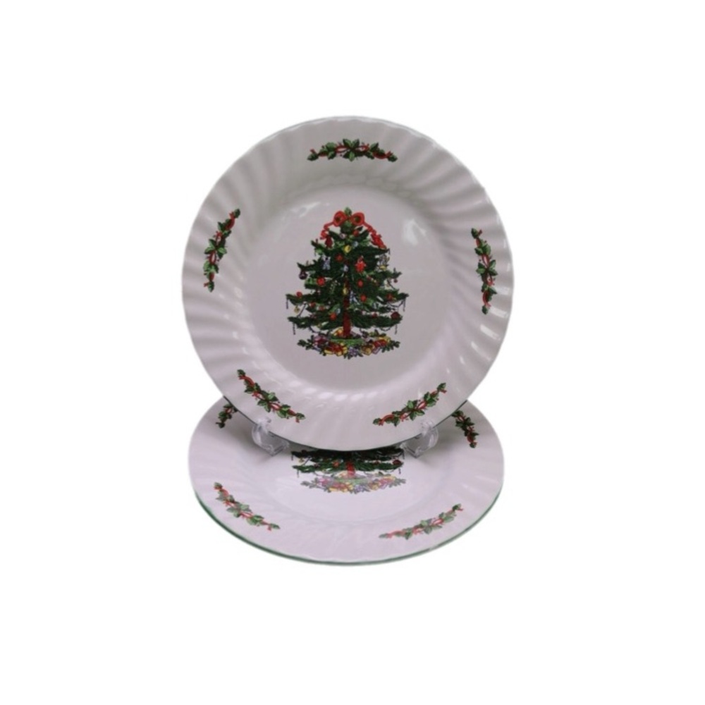 Christmas Village 2 Dinner Plates Swirl Pattern Holly Green Trim Tree